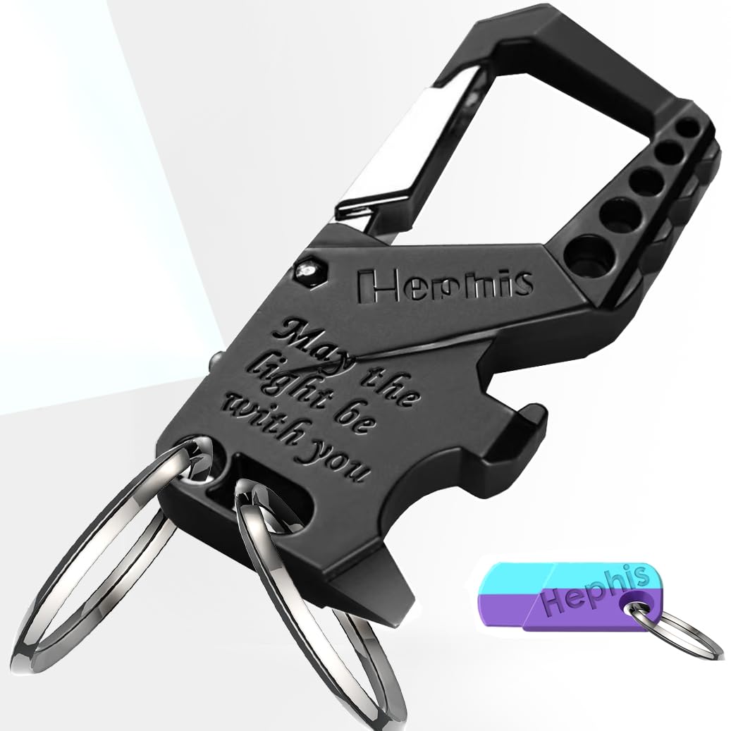 Hephis Skull Heavy Duty Key Chains with Lights,Bottle Opener,Screwdriver,Carabiner Car Key Chains for Men and Women(Black)