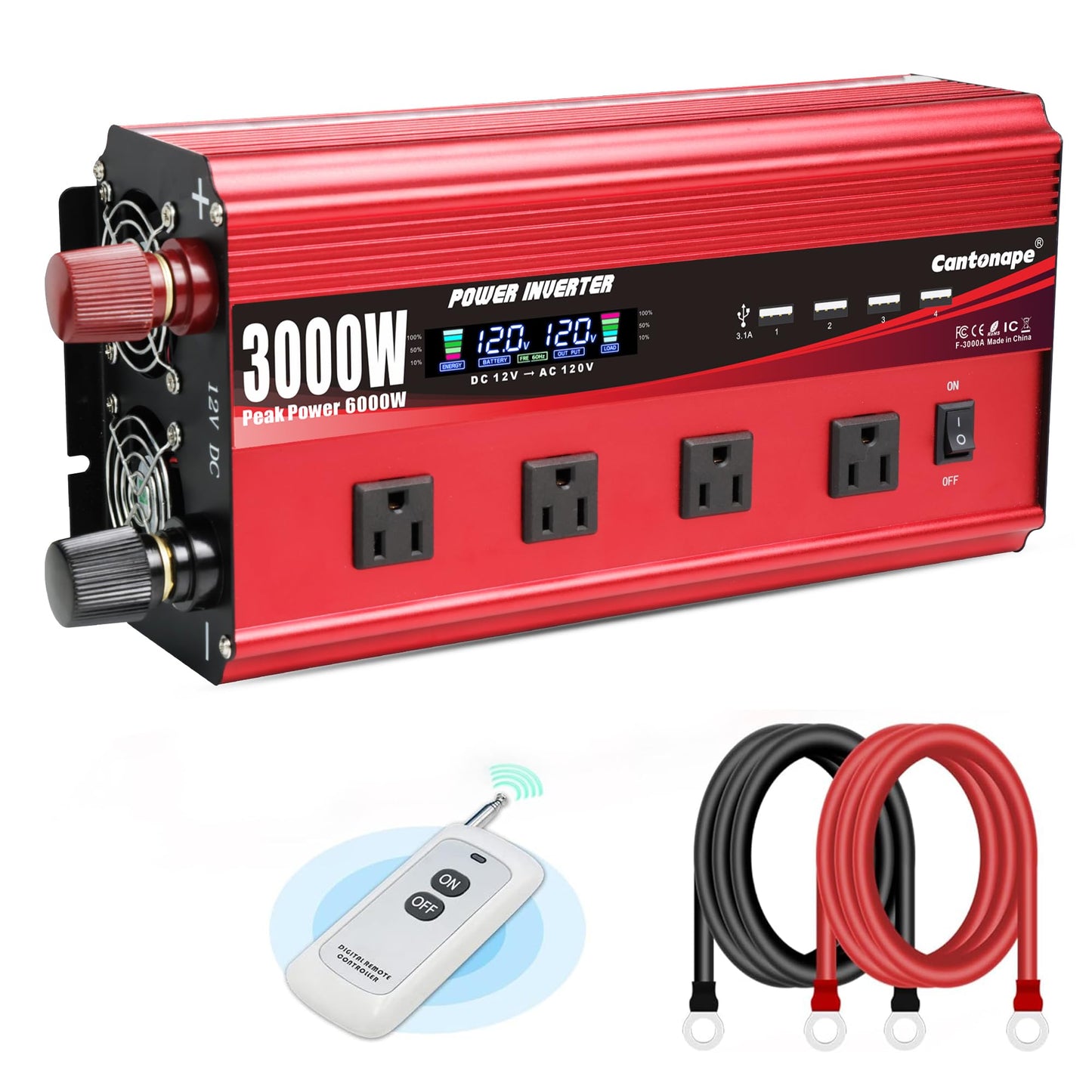 Cantonape 3000W Power Inverter 12V to 110V/120V DC to AC with LCD Display, Remote Controller 4 x AC Outlets and 4 x 3.1A USB Car